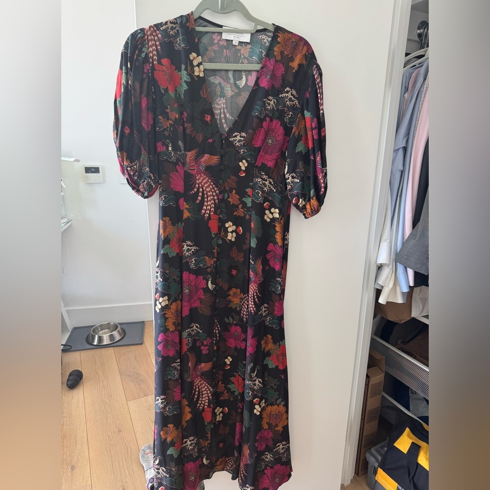 La Ligne Black Silk Puff Sleeve Midi Dress
